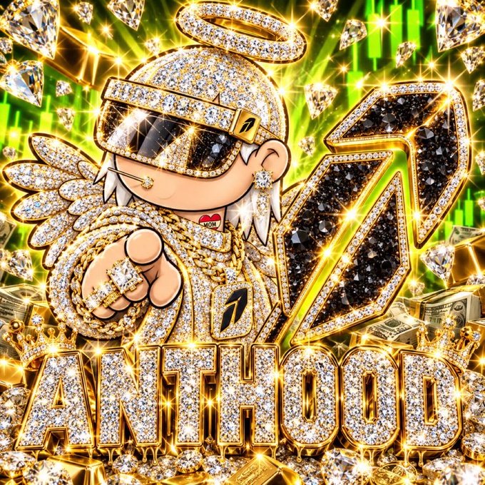 A cartoon character adorned with diamond-covered sunglasses, a gold halo, and a massive diamond-encrusted lightning bolt points confidently toward the viewer above the glittering gold text "ANTHOOD," visually conveying the luxury and exclusivity of the free mint teased in the accompanying post.