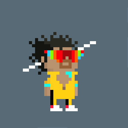 A pixel art character with dark hair, wearing a yellow outfit and red/teal visor, standing against a gray background.