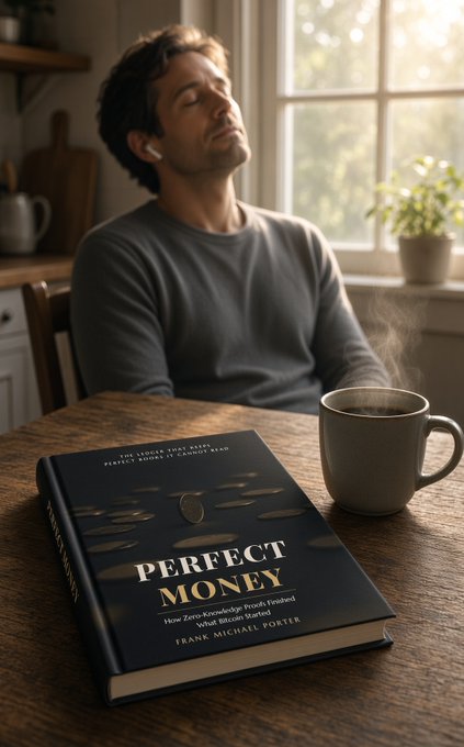 A man sits with eyes closed at a wooden table with a steaming mug beside a book titled "PERFECT MONEY" by Frank-Michael Porter.