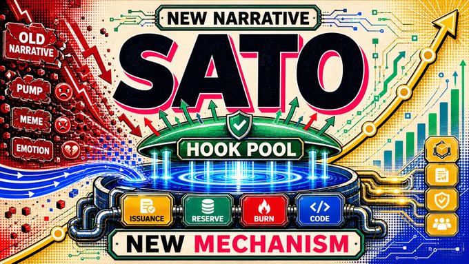 The image features an advertisement for Sato Hook Pool. It appears to be part of a new narrative focusing on the cryptocurrency world, where the aim is not just to pump users into buying more of this asset but to change the very structure of its platform. The post emphasizes that cryptocurrencies need a new narrative and that the Bitcoin community needs to focus less on repetitive hype and emotions and more on the actual development and evolution of these digital assets.