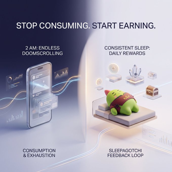 An infographic comparing 'CONSUMPTION & EXHAUSTION' with 'SLEEPAGOTCHI FEEDBACK LOOP', featuring the text 'STOP CONSUMING. START EARNING.' and a 3D-rendered green character sleeping.
