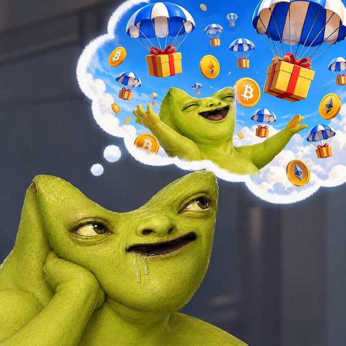 A 3D-rendered Shrek-like green character drools while daydreaming in a thought bubble about cryptocurrency airdrops, featuring parachuting gift boxes, Bitcoin, and Ethereum coins.