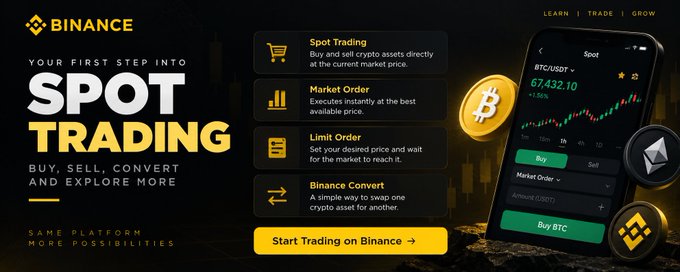 A Binance promotional banner advertising "Your First Step Into Spot Trading" with a yellow and black design, featuring a smartphone mockup displaying BTC/USDT trading at 67,432.10 (+1.96%) with Buy/Sell options and Market Order dropdown, alongside coin icons for Bitcoin and Ethereum, and listing key features: Spot Trading, Market Order, Limit Order, and Binance Convert. The image visually supports the post's explanation of beginner crypto trading basics, illustrating the Spot Trading interface where users can directly buy or sell assets like BTC using market orders at the best available price.