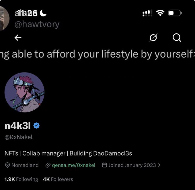 A Twitter/X profile screenshot for 'n4k3l' (@0xNakel), describing them as 'NFTs | Collab manager | Building DaoDamocl3s', based in 'Nomadland', with 4K followers.
