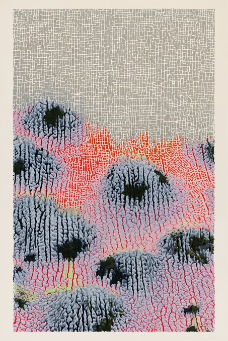 A textured, stylized artwork depicting rolling hills or trees with intricate patterns in gray, black, pink, and orange against a crackled sky.