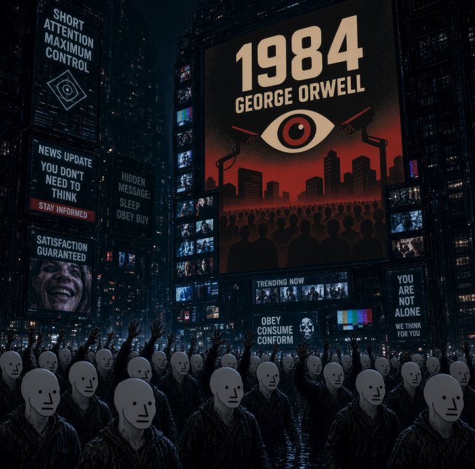 A dystopian illustration depicts a crowd of identical mask-wearing figures in front of city billboards displaying '1984 GEORGE ORWELL' with a surveillance eye, along with messages like 'SHORT ATTENTION MAXIMUM CONTROL,' 'OBEY CONSUME CONFORM,' and 'YOU ARE NOT ALONE.'