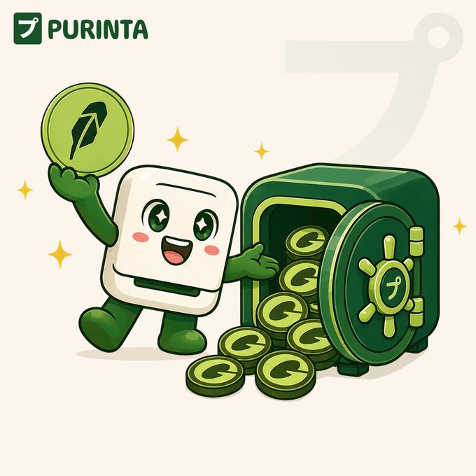 The image features a cheerful cartoon character holding a green coin with the Purinta "P" logo, standing next to an open green safe overflowing with branded "G" coins, with the "PURINTA" logo in the top left corner. The illustration visually reinforces the post's message by depicting a mascot actively earning and securing yield-bearing tokens, bringing the concept of "idle USDG becoming working capital" to life.