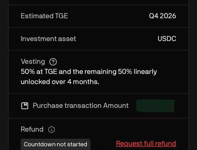A dark interface showing investment details including 'Estimated TGE: Q4 2026', 'Investment asset: USDC', 'Vesting: 50% at TGE and the remaining 50% linearly unlocked over 4 months', a 'Purchase transaction Amount' field, and a 'Request full refund' option with 'Countdown not started.'