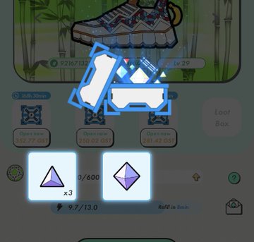 The image shows a mobile app displaying a game scene with an open box filled with various objects, including a pair of white shoes, a purple diamond, a yellow diamond, and two blue cubes. The app's interface also includes a chat window where users can interact with one another. There is no text in the app or its screenshot that directly relates to the post being described. The focus should be on how these objects are arranged within the game scene and whether there is any connection between them and the post content.