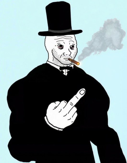 A cartoon illustration features a stoic man in a top hat and suit smoking a cigar, pointing his finger forward with a large plume of smoke rising beside him.