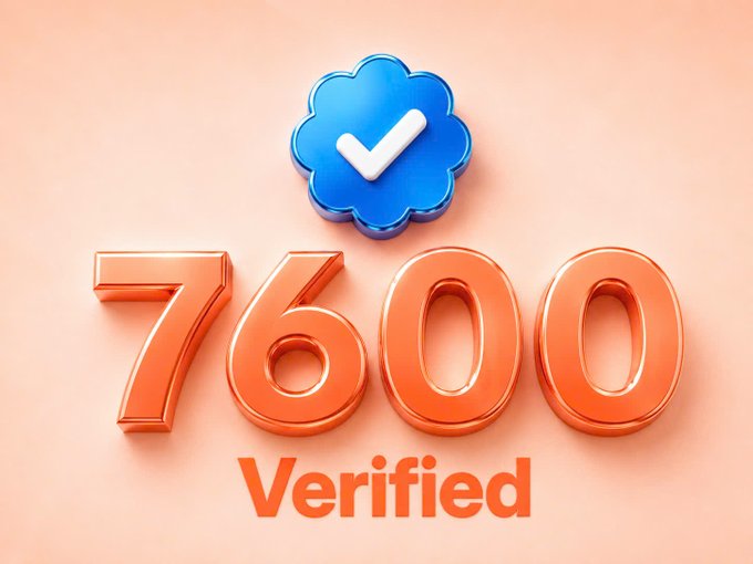 A 3D rendered graphic displays '7600 Verified' in orange text below a blue verified checkmark badge on a peach-colored background.