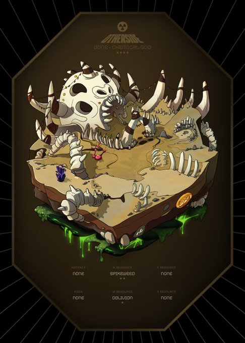 A digital trading card depicting a floating island inhabited by a large skeletal creature and small characters, labeled 'GONZO ISLAND' and 'GONE CHEMICAL GOD' with attributes like 'SPIKEDWEED' and 'POLLUTION'.