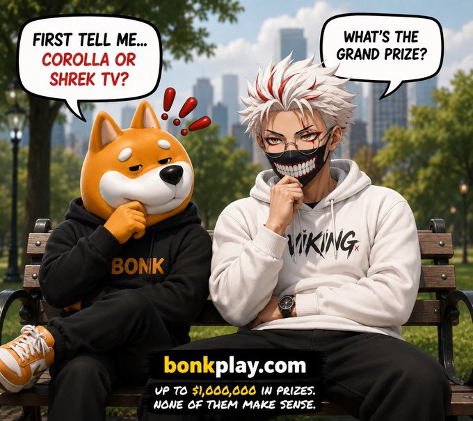 An anime-style illustration features a Shiba Inu character in a 'BONK' hoodie and a white-haired character in a 'VIKING' hoodie sitting on a park bench, with speech bubbles reading 'FIRST TELL ME... COROLLA OR SHREK TV?' and 'WHAT'S THE GRAND PRIZE?', advertising bonkplay.com with 'UP TO $1,000,000 IN PRIZES. NONE OF THEM MAKE SENSE.'