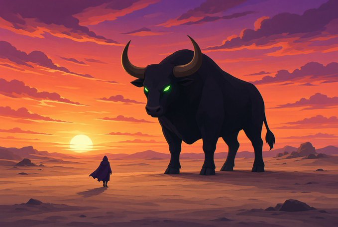 An animated illustration of a small cloaked figure facing a massive black bull with glowing green eyes at sunset in a desert landscape.