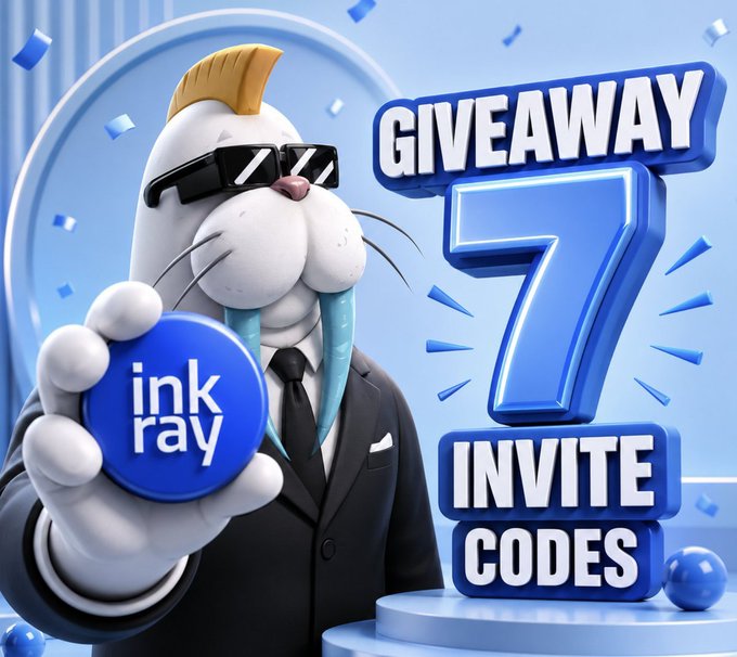 A digital promotional image features a stylized cat mascot in a black suit and sunglasses holding an 'ink ray' badge, advertising a giveaway of 7 invite codes.