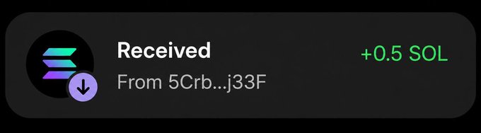 The image displays a transaction notification showing "Received +0.5 SOL From 5Crb...j33F," confirming that Kravon34 received 0.5 Solana as part of their giveaway. This serves as proof of the crypto payment sent, supporting their post inviting others to like and participate for a chance to win.