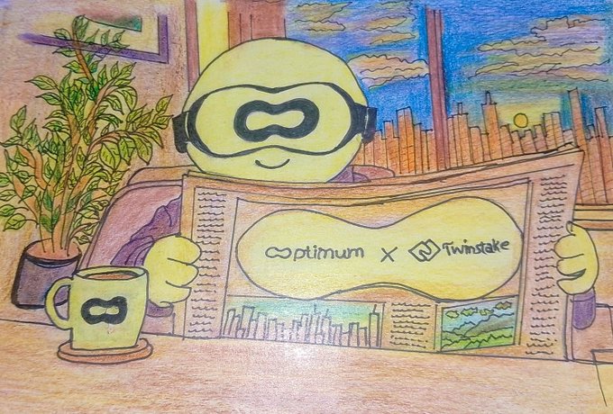 A colored pencil drawing of a yellow mascot character with a figure-eight logo wearing goggles, sitting at a desk holding a newspaper that reads "Optimun × Twinstake," with a matching mug beside a potted plant.