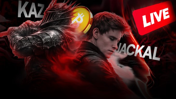 The image features a man with red hair, dressed in black clothing, standing against a dark background. The text "STREAM RECAP DROPPED Liquidity doesn't lie. The crowd gets trapped. The market moves where it hurts the most." is displayed above him, and there are two other texts below: "XBTkaz" and "JackalSnipes_". These texts seem to be related to a post or article about Bitcoin trading strategies.

The image also contains an illustration of a man holding a sword in front of a shield with the words "Live" written on it, which is likely part of the same post or article that the image is referencing.