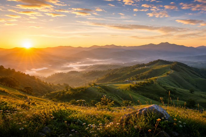 Breathtaking landscape photograph of a golden sunrise over rolling green hills and misty valleys with mountain ranges in the distance.