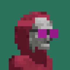 A pixel art image depicts a character in a red hooded outfit wearing purple sunglasses against a solid teal background.