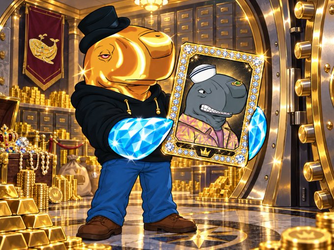 A digital illustration of a golden cartoon dog-like character wearing a black hoodie and top hat, holding a large blue diamond and a framed picture of a hippo wearing a sailor hat, standing in front of an open vault filled with gold.