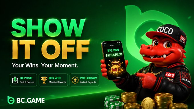 A promotional banner for BC.GAME featuring a red crocodile mascot wearing a 'COCO' cap, displaying 'SHOW IT OFF: Your Wins. Your Moment.' with deposit, big win, and withdrawal features, and a phone showing a 'BIG WIN $128,450.00'.