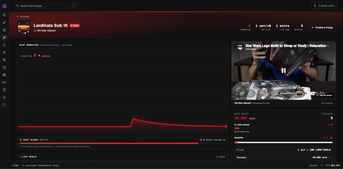 The image shows an OrdDropz page for the "Lordinals Sub 1K" collection minted by Obi Wan Satoshi, displaying 1 sat/vB fees, 1 minits remaining, and a YouTube video by Obi Wan Satoshi titled "Star Wars Lego Build to Sleep or Study | Relaxation" alongside mint pricing of 5,000 sats with 5,207 minted. This relates to the post about the Runinal Forge assets being collectible with rune tokens, with OrdDropz being the platform where the live minting feature is hosted.