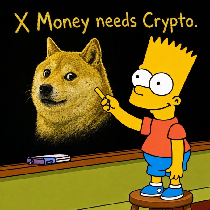 A meme-style image featuring Bart Simpson pointing at a DOGE dog head on a blackboard with the text 'X Money needs Crypto.' written above.