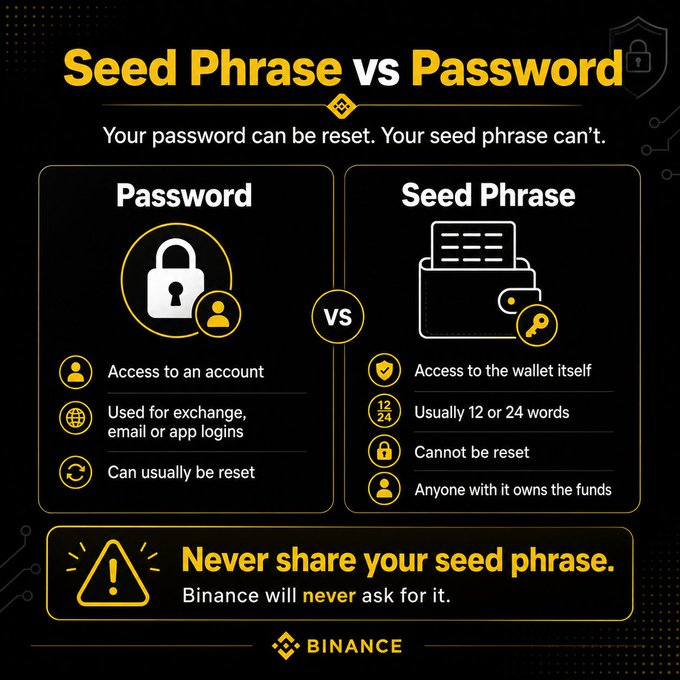 A Binance infographic titled "Seed Phrase vs Password" contrasts the two by showing a Password grants access to an account, can be used for exchange/email/app logins, and can usually be reset, while a Seed Phrase provides access to the wallet itself, typically consists of 12 or 24 words, cannot be reset, and gives anyone possessing it full ownership of the funds, reinforcing the warning to never share your seed phrase.