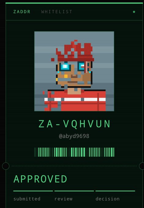 A digital 'ZADDR WHITELIST' approval card displays a pixel art character with red hair and the ID 'ZA-VQHVUN' along with the handle '@abyd9698' and an 'APPROVED' status.