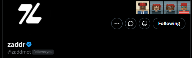 A Twitter profile header showing the username 'zaddr' (@zaddrnet) with a 'Following' button and a 'Follows you' indicator.