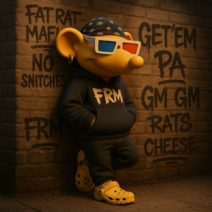 A cartoon mascot of a mouse/rat wearing 3D glasses, a bandana, black "FRM" hoodie, and Crocs stands against a brick wall spray-painted with "FAT RAT MAFI[ANO SNITCHES]," "FRM," "GET'EM PA[RENTS] GM GM," "RATS CHEESE," and "FRM" — visually embodying the post's call to stay loyal with the FatRatMafia gang.