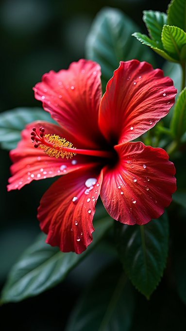 The image features a close-up view of a red hibiscus flower with dew drops on its petals, set against a dark background. The flower appears to be in full bloom, showcasing its vibrant color and intricate details. The water droplets on the petals add a touch of freshness and natural beauty to the scene.