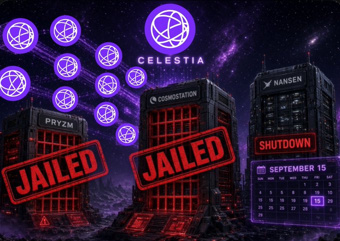 A digital graphic with a purple cosmic background shows buildings labeled 'PRYZM,' 'COSMOSTATION,' and 'NANSEN' stamped with 'JAILED' and 'SHUTDOWN' red marks, plus a Celestia logo and a September 15 calendar.