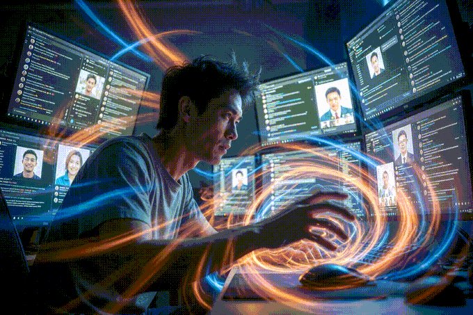 A man sits at a desk surrounded by multiple monitors displaying social media feeds and profile pictures, with swirling orange and blue light trails symbolizing the overwhelming flow of digital information—visually capturing the post's theme of juggling nonstop Web3 work and social media engagement like a machine.