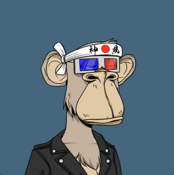 A cartoon illustration of a Bored Ape-style monkey wearing 3D glasses with red and blue lenses, a white headband with Japanese characters, and a black leather jacket.