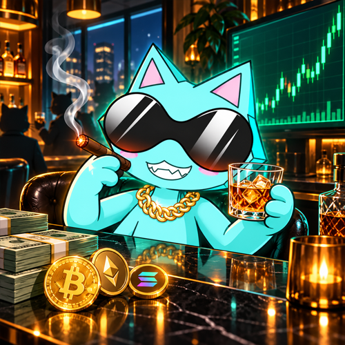 A cartoon illustration of a blue cat character wearing sunglasses and a gold chain, holding a cigar and whiskey glass, surrounded by Bitcoin and Ethereum coins and cryptocurrency charts.