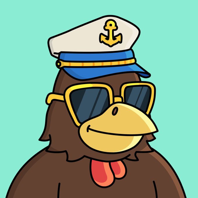 A cartoon illustration of a brown bird wearing yellow sunglasses and a white sailor cap with an anchor emblem, set against a teal background.