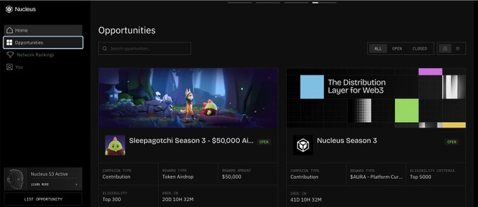 The Nucleus Opportunities page lists a 'Sleepagotchi Season 3 - $50,000 Airdrop' and 'Nucleus Season 3' as open opportunities for token contributions, showing details like claim types and reward amounts.