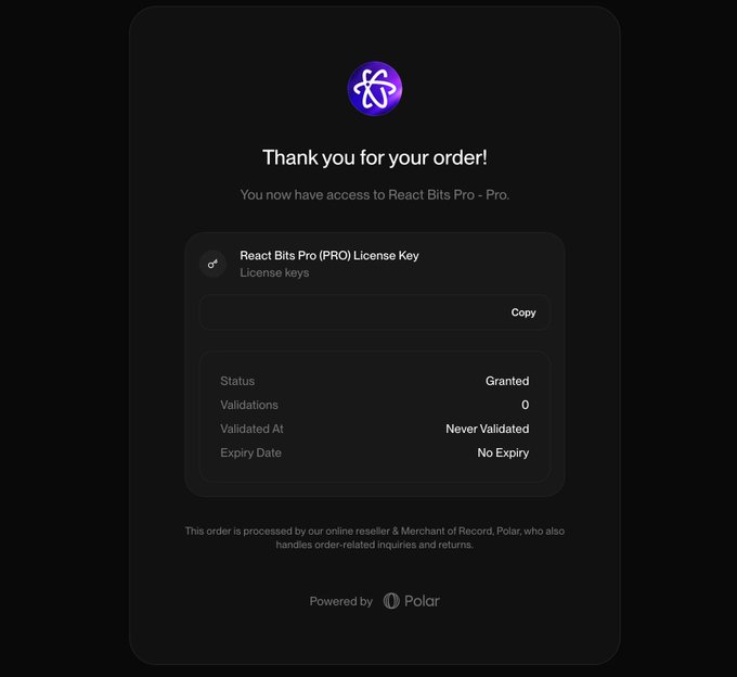 A digital order confirmation screen stating "Thank you for your order!" with access granted to "React Bits Pro - Pro," showing a license key section with "Granted" status, "0" validations, "Never Validated" date, and "No Expiry."