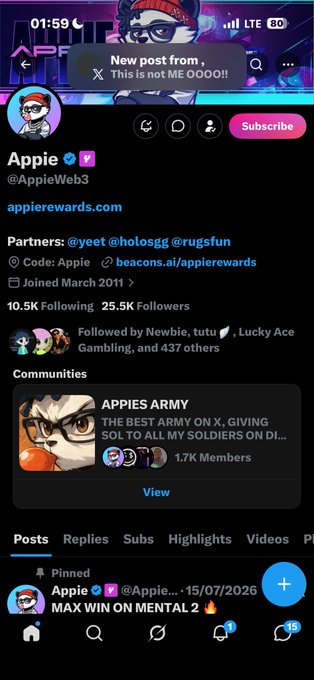 This image shows a screenshot of an X (formerly Twitter) profile belonging to "Appie" (@AppieWeb3), featuring 25.5K followers, 10.5K following, and a community called "APPIES ARMY" with 1.7K members. The profile belongs to Appierewards.com, with a pinned post dated 15/07/2026 about a "MAX WIN ON MENTAL 2," and a notification appears from "Appierewards" stating "This is not ME OOOO!!" — which aligns with the accompanying post sharing a Solana contract address (BakyXRTtW2cdivHrqoENQhSfaMjGLRgDudV8QSBGcKNf) and thanking someone, likely as a warning to followers about impersonators using the same branding.