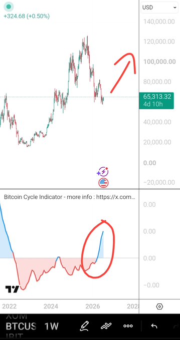A TradingView BTCUSD weekly chart showing Bitcoin at $65,313.32 with a +0.50% gain, featuring red hand-drawn arrows and circles highlighting an upward price trend and a 'Bitcoin Cycle Indicator' spike at the bottom.