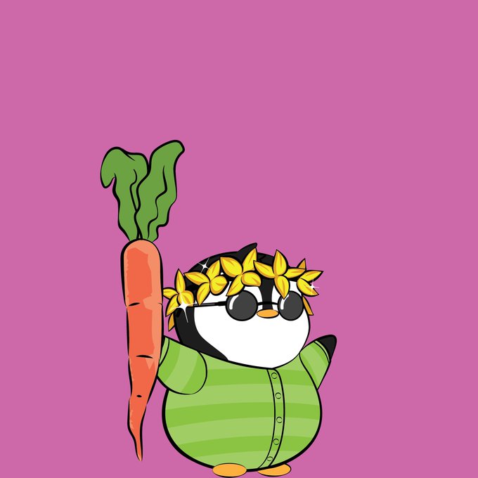 A cartoon penguin character wearing sunglasses, a yellow flower crown, and a green striped onesie stands against a pink background while holding up a large orange carrot.