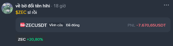 A social media post showing ZEC (ZECUSDT) trading data with a 24h change of +20.80% and PNL of -7,670.65 USDT, posted by 'về bờ đổi tên hihi'.
