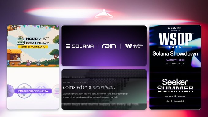 The image displays a collection of Solana ecosystem announcements, including a "Happy 5th Birthday" Sol & Homeedio celebration graphic, Solana/rain/Western Union partnership branding, a WSOP "Solana Showdown" poker event on August 4, 2026, a "Seeker Summer" campaign running July 7–August 30, and content about launching a leveraged perp coin with a heartbeat—tying into the post's highlights of Solana Foundation hiring and Western Union's new Solana-powered USDPT wallet and Visa card launch.