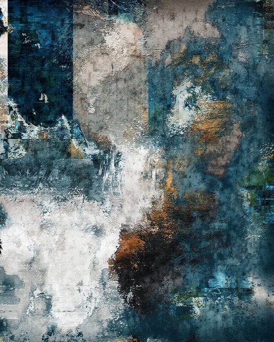 An abstract mixed-media painting featuring textured layers in shades of deep blue, white, and rust orange, with vertical drips and weathered patches creating a distressed, atmospheric composition.