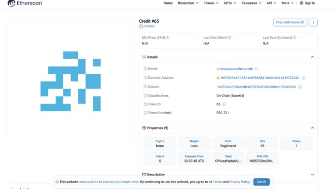 A screenshot of an Etherscan page for NFT "Credit #65", showing ownership and contract details with a blue pixelated graphic.