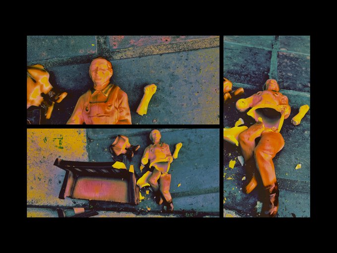 A comic-style collage showing orange figurines arranged in various scenes with a vintage TV set.