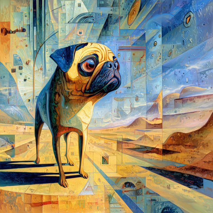 A stylized, cubist-inspired digital painting of a pug standing in a surreal geometric landscape with blue skies, water droplets, and textured golden earth tones.