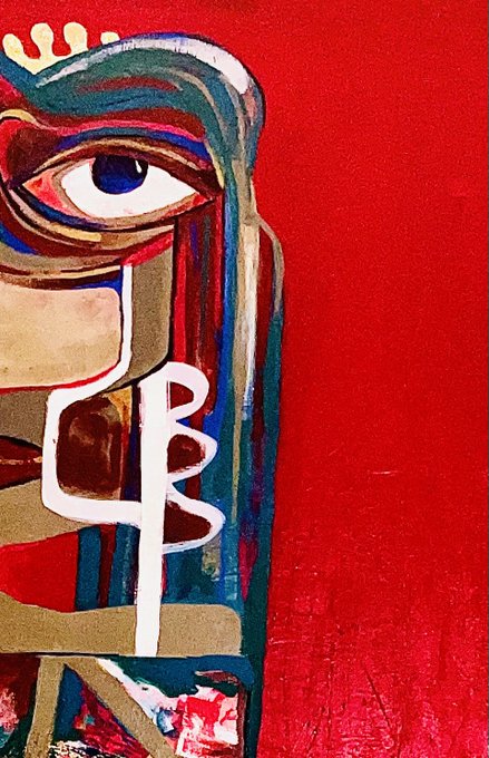 An abstract painting depicts a stylized face with a single large eye and geometric features against a vibrant red background.